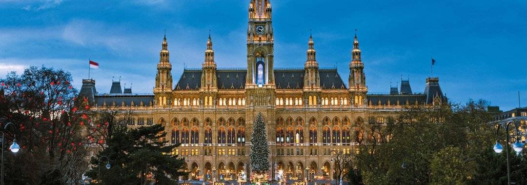 Blick auf ein imposantes historisches Gebäude mit Uhrenturm und Baum mit Lichterkette davor