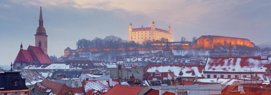 Blick auf schneebedeckte Dächer einer Stadt im Winter mit imposanten Gebäude im Hintergrund